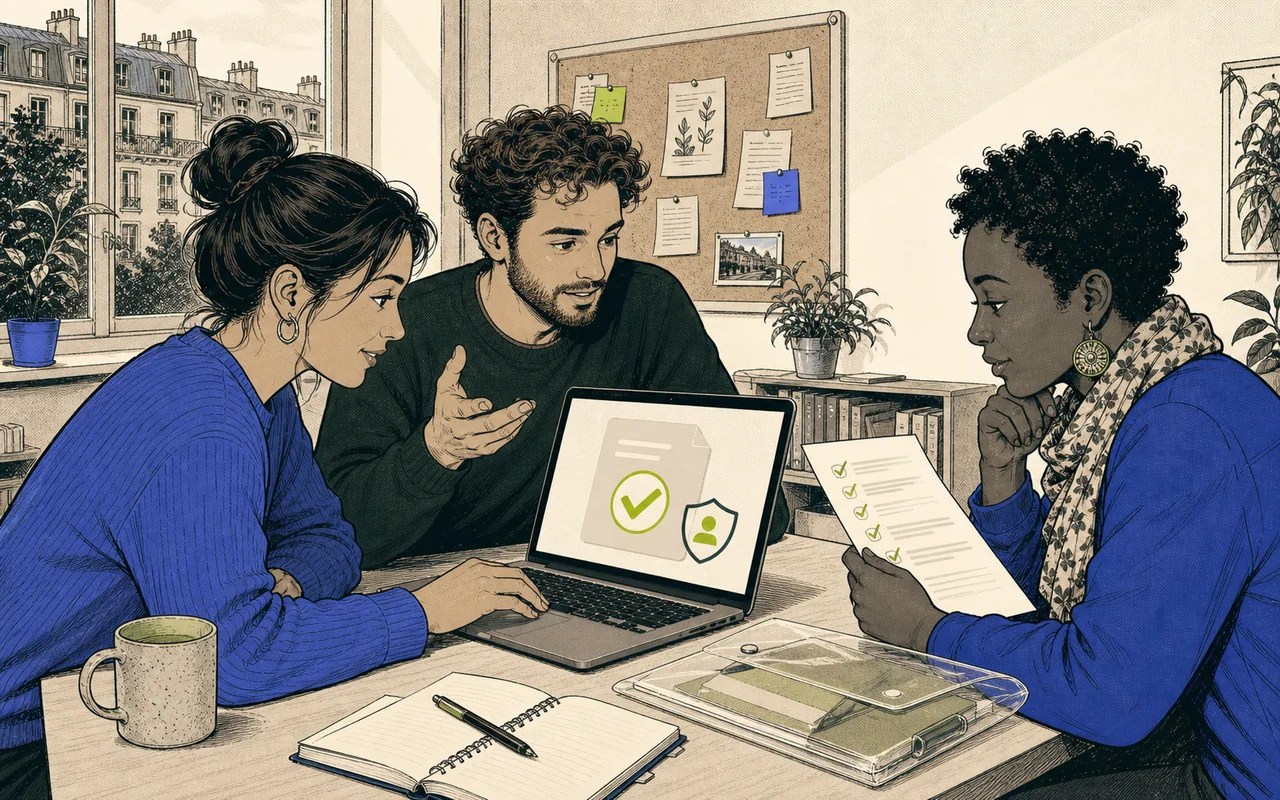 Des bénévoles vérifient ensemble un résultat produit avec l’IA sur un ordinateur