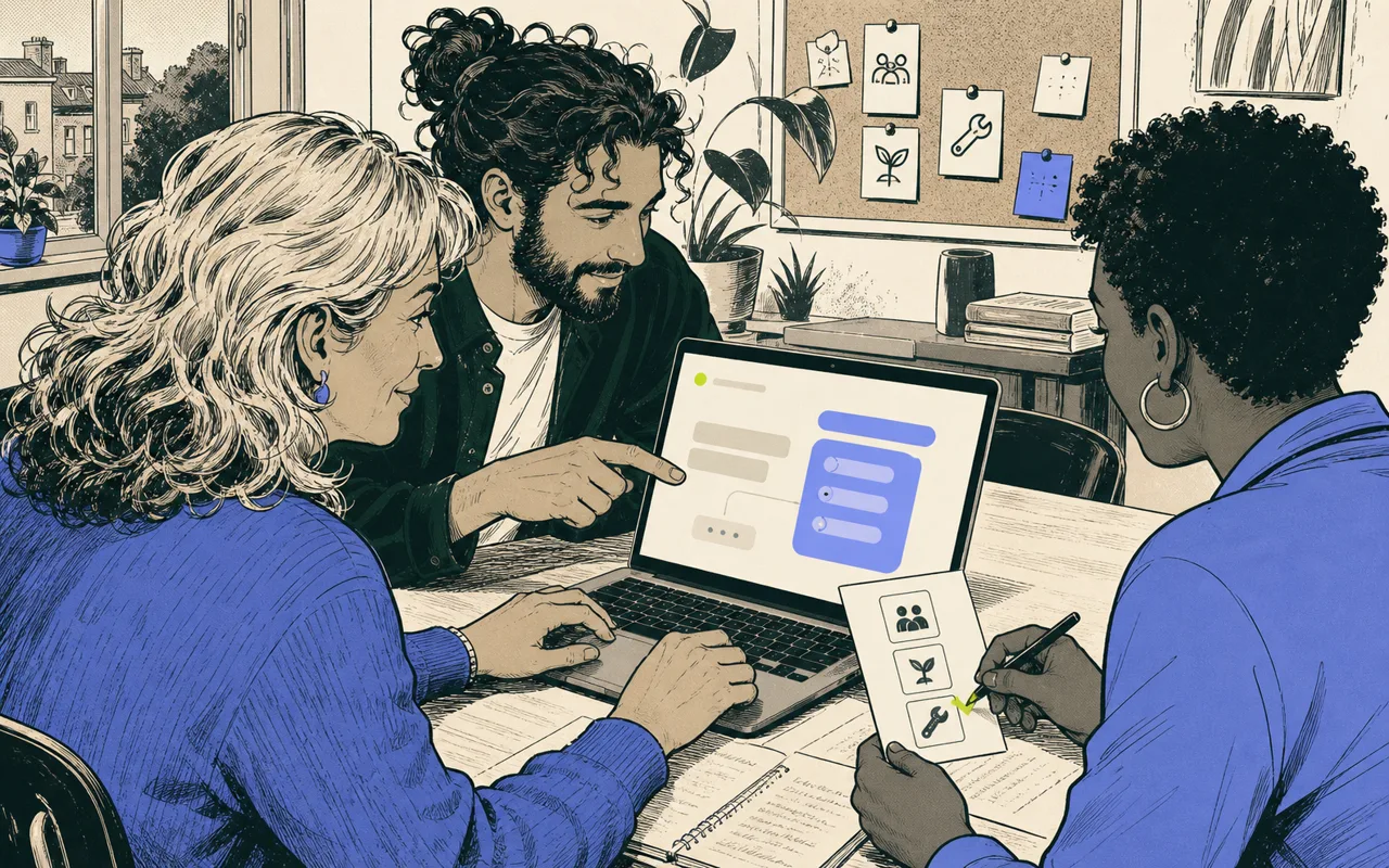 Des bénévoles utilisent un ordinateur et relisent ensemble un plan d’action