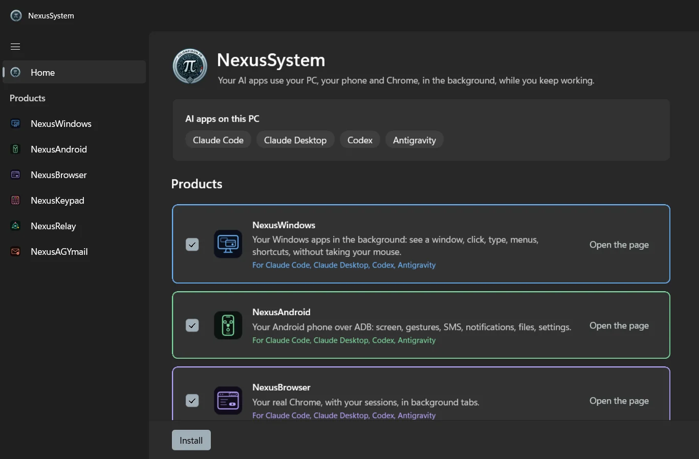 The NexusSystem home screen: the AI apps found and the Nexus products to tick