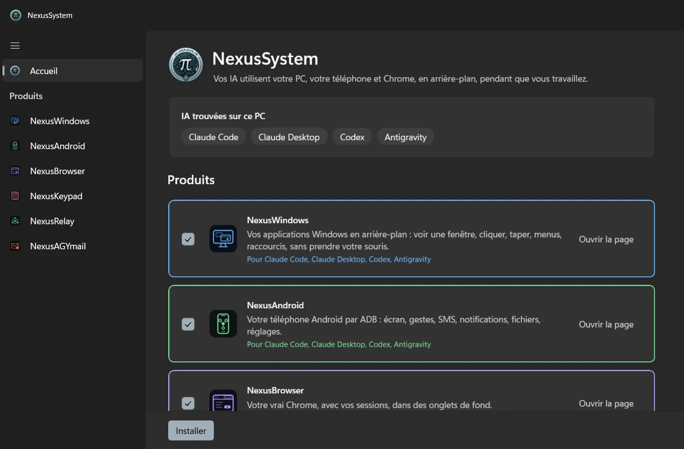 L’écran d’accueil de NexusSystem : les IA trouvées et les produits Nexus à cocher