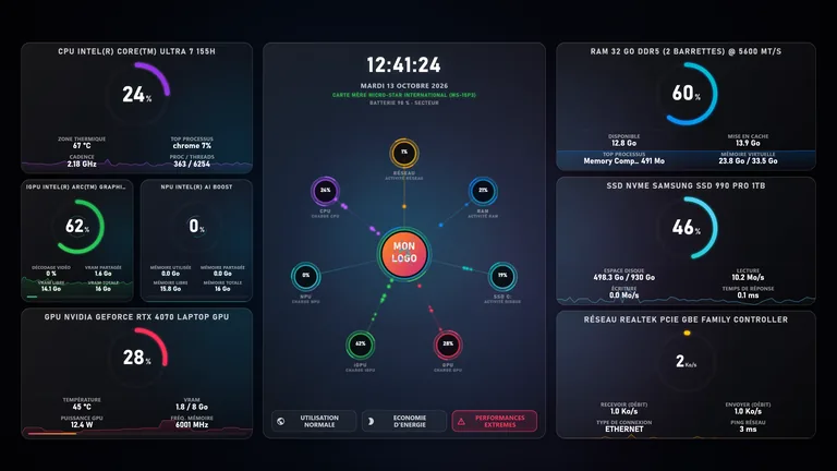 Cockpit NexusWpp avec une image personnalisée « Mon logo » au centre du radar.