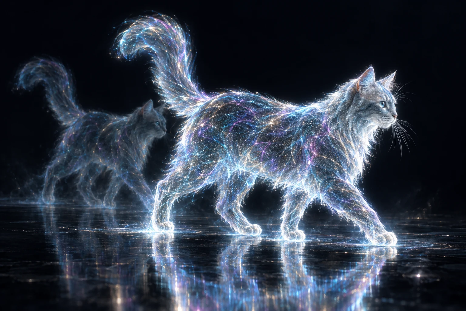 A translucent holographic cat woven from iridescent filaments walks alongside its luminous echo.